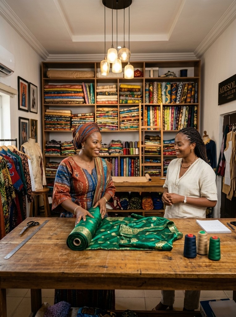 Shop owner showing fabric to a customer in her atelier